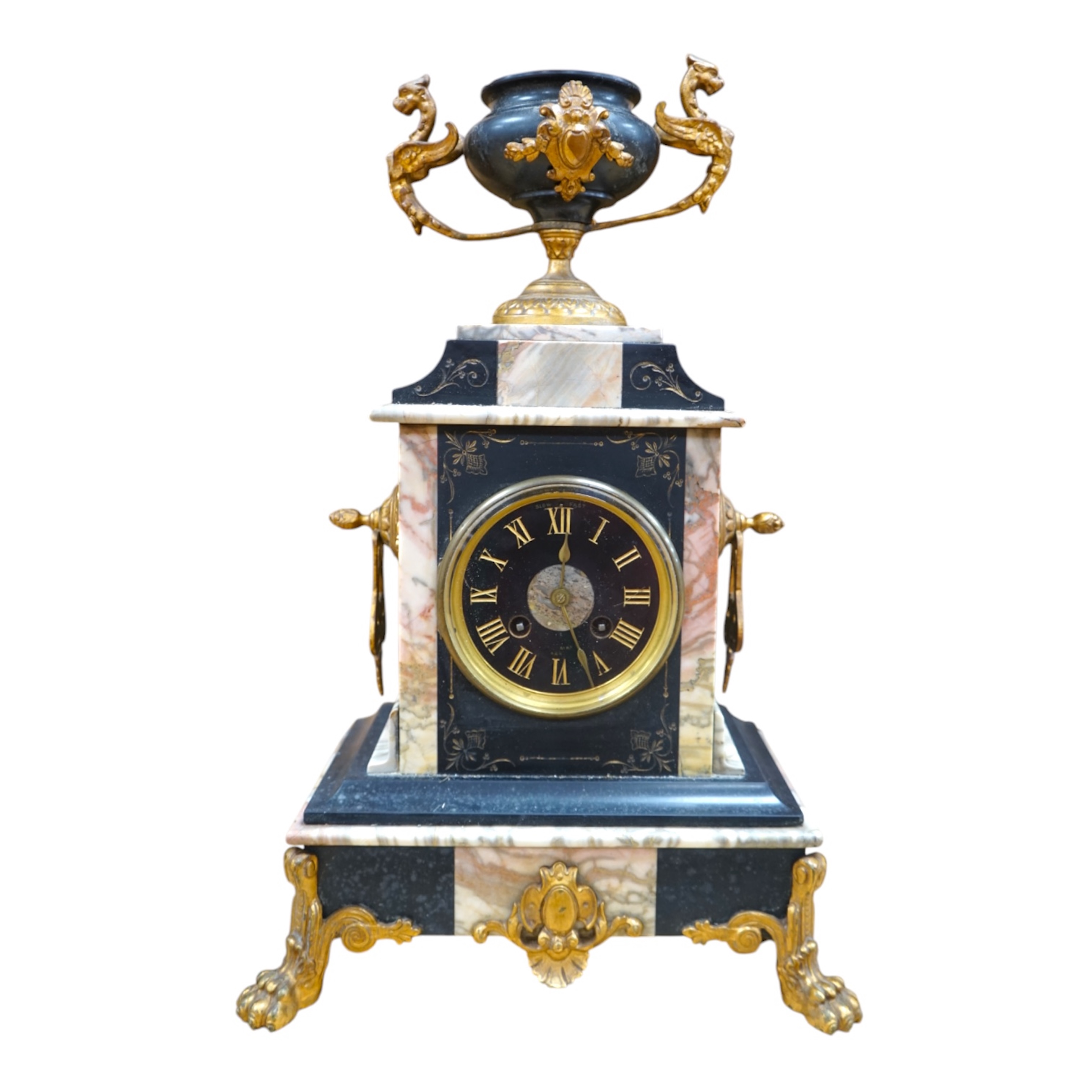 An early 20th century gilt metal and marble clock, no key or pendulum, 44cm. Condition - fair to good, not tested